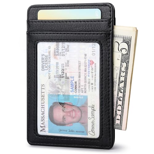 Image of Buffway Mens Slim Wallet, Minimalist Thin Front Pocket Leather Credit Card Holder with RFID Blocking for Work Travel | Minimalist
