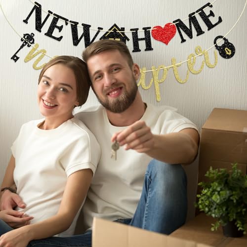 New Home New Chapter Banner, Pre-strung New Home Banner, Housewarming Party Decorations, Home Decor, Black & Gold Glitter - Image 5