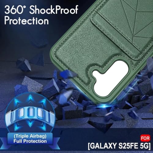 Image of amazon basics Premium Vegan Leather Back Cover with Card Holder and Integrated Mobile Stand for Samsung Galaxy S25FE 5G - Slim Shockproof Wallet Case with Geometric Stitching [Green]