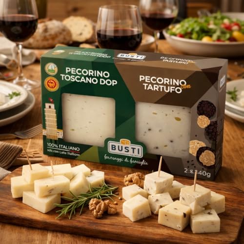 Bis di Quesos Pecorini Italianos, 2 x 140 g, surtidos para degustación gourmet variante con pistacho o variante de trufa, idea tabla aperitiva y regalo gastronómico (Bis Pecorini al Trufa)