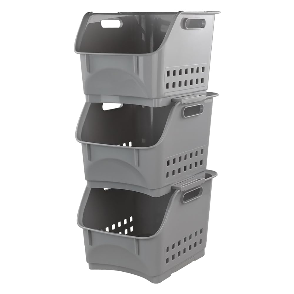 Annkky 3 Tier Grey Stackable Baskets, Plastic Stacking Organizer Basket Bin