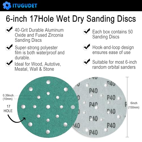 Image of 6-Inch 17-Hole 40 Grit Zirconia Alumina Hook & Loop Sanding Discs, Heavy-Duty Polyester Film Backing, Wet /Dry Anti-Clog for Random Orbital Sanders - Wood, Automotive, Metal - 40 Pack