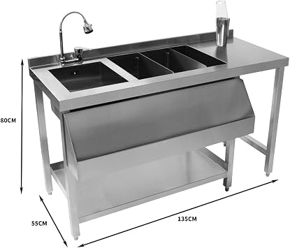 Monster Shop Cocktail Bar Station Stainless Steel 90L Insulated Ice Well Removable Dividers Floor Standing Workstation Large Sink 360 Swivel Mixer Tap Speed Rail Bin Void FREE Boston Cocktail Shaker