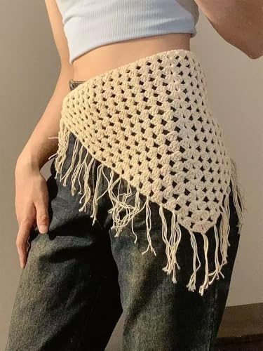 Crochet Bandanas Headbands Beige Vintage Boho Hair Scarf with Tassel Hippie Head Kerchief Knitted Triangle Tie Back Headscarf Hair Accessories for Women Girls Daily Outfit Festival Gift image 4