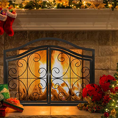 Tangkula Fireplace Screen, With Hinged Two-Doors Large Flat Guard Screens, Wrought Iron Mesh, Steel Crest Fireplace Screen With Wrought Iron, Baby Safe Spark Guard Protector (44”L X 15’’W X 33. 5’’H) #TOP2