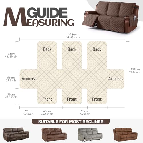 Image of KinCam Waterproof Recliner Sofa Cover, Non-Slip Reclining Couch Covers for 3 Seat, Recliner Couch Cover Furniture Protector with Elastic Straps for Pets, Kids, Deep Brown