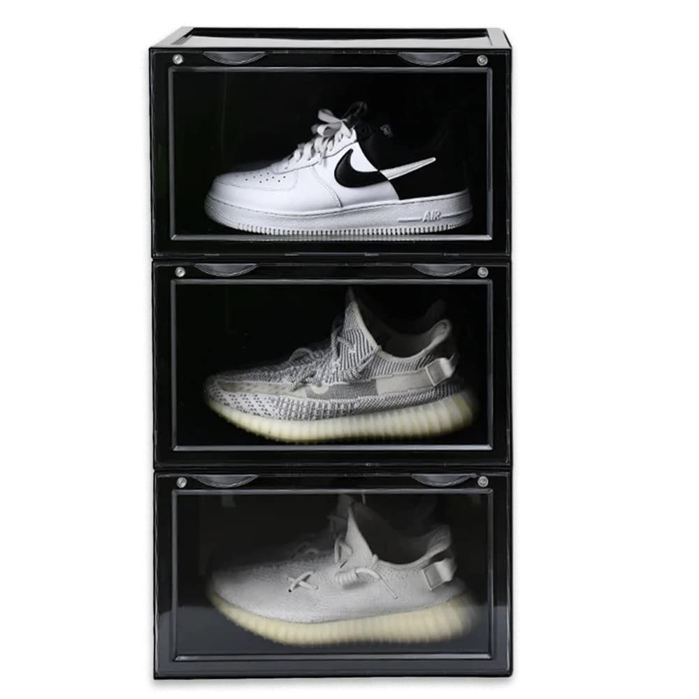 AYSISMultipurpose 3 Pack Shoe Storage Box, Clear Plastic Stackable Shoe Organizer for Closet, Space Saving Foldable Shoe Sneaker Containers Bins Holders (Pack Of 3)