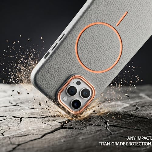 Image of amazon basics Luxury MagSafe Compatible Leather Texture Back Cover for iPhone 14 Pro | Raised Camera Protection | Slim Fit Shockproof Case with Metallic Accents (Gray)