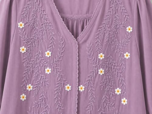 Image of RIEKA Womens Embroidered Korean Style Top and Tunic; V Neck| Floral Thread Embroidery| Three Quarter Puff Sleeves |Relaxed Fit Curved Hem| Casual Everyday Fusion Top