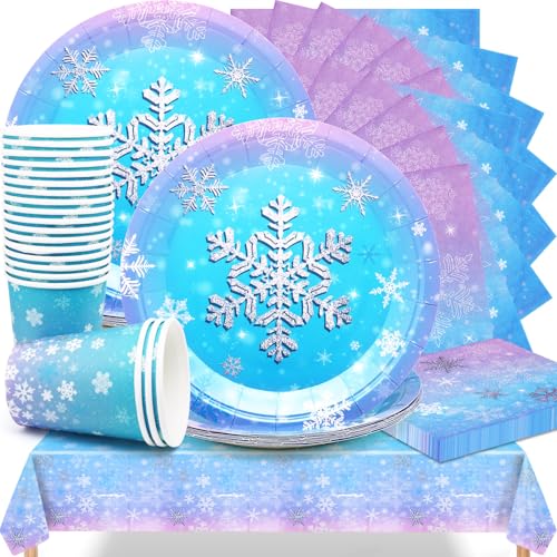 Huaxintoys Vaisselle de Fête à Flocon de Neige, Fournitures de fête Frozen inclure 20 Assiette à Dessert, 20 Tasses, 20 Serviettes et 1 Nappes pour...