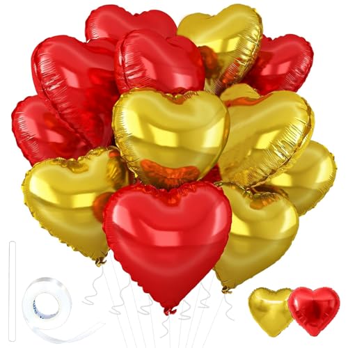 Image of Gold-Red Heart Balloons,18inch Gold Heart Shaped Foil Balloons & Red Foil Balloon for Anniversary Wedding Engagement Birthday Party Valentines Day Decorations(12Pcs)