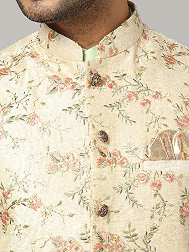 Image of Uri and MacKenzie Men's Silk Blend Regular Kurta Churidar Pyjama with Bundi Nehru Jacket /Waistcoat