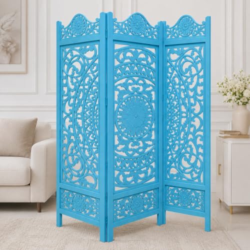 Image of Wooden Room Divider Partition for Living Room Bedroom & Office Foldable Modern Decorative Partition for Home, Pooja Room & Studio - Space Saving Freestanding (6 Feet 3 Panel Colour Blue)
