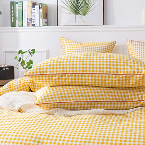 Fadfay Yellow Plaid Duvet Cover Set Twin 100% Cotton Ultra Soft Grid Bedding Reversible Gingham Geometric Checker Bedding Set With Zipper Closure 3Pcs, 1Duvet Cover + 2Pillowcases, Twin Size #TOP4