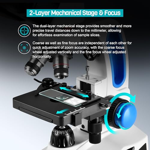 Image of AOMEKIE Binocular Compound Microscope, 40X-1000X Magnification, Siedentopf Head, Research-Grade Binocular Compound Microscope with WF10X Eyepiece, Mechanical XY axis Double-Layer Stage
