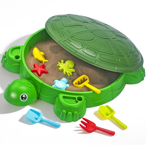 VROGTIK Schildkrötensandkasten mit Deckel Komplettes Strandspielset für Kinder Ab 3 Jahren Sicher Sandspielzeug mit Meerestiere-Zubehör Wetterbeständig für Garten & Indoor-Spiel