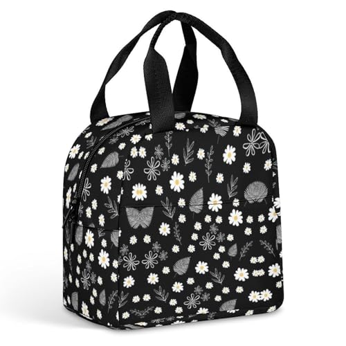 YHGFFDLI Thermal Lunch Tote Stylish Black White Botanical Art Food Bag for Activities