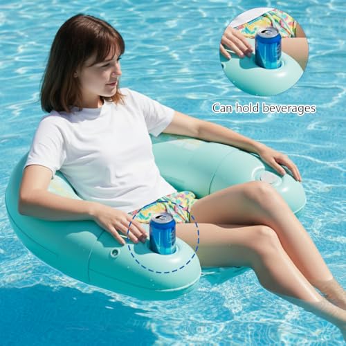 Image of Proberos Inflatable Pool Float Lounger with Cup Holder, PVC Floating Chair, Press Self-Inflating Reclining Water Lounge, Pool Float Pool Raft for Beach, Lake & Summer Pool Parties, 79x71CM