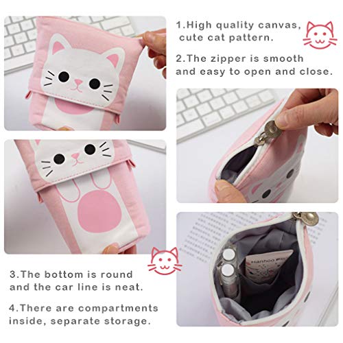 iSuperb Transformer Stand Store Pencil Holder Canvas+PU Cartoon Cute Cat Telescopic Pencil Pouch Bag Stationery Pen Case Box with Zipper Closure 7.5 x 4.9 x 3.0inch/4.1x 3.0inch (Gray)
