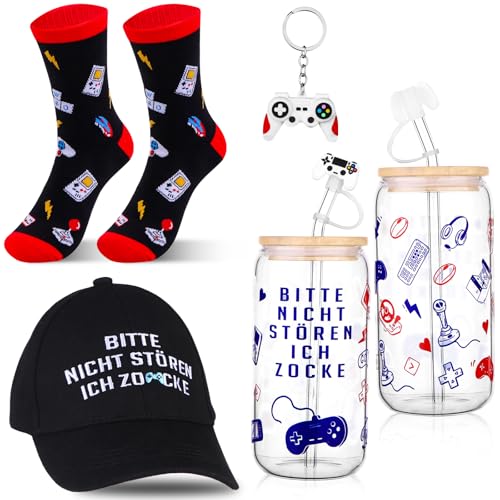 5 Stück Gamer-Geschenke, 18 oz Gaming-Glasbecher, Zocke-Kappen, Game-Controller-Schlüsselanhänger, lustige Socken, Silikon-Strohhalm-Abdeckung, Weihnachtsgeschenke für Männer, Teenager, Coole Sachen