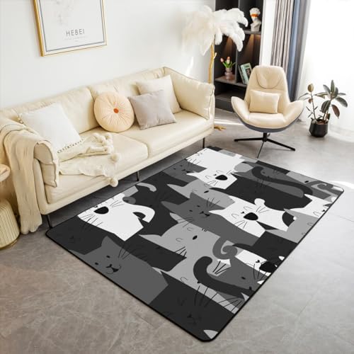 Erosebridal Kawaii Cats Living Room Rugs 5x7 for Kids, Funny Cat Area Rugs for Boys Girls, Halloween Black Cat Carpet Non Slip, Cute Kitten Accent Rug Set, Cartoon Animal Pet Themed Washable Rug