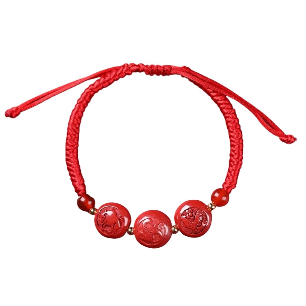 NZPOST Bracelet, Natural Cinnabar Carved Zodiac s Lucky Charm Hand Woven Rope Red String Adjustable Bracel