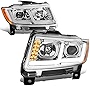 [Halogen Model] Dual L-Tube DRL Projector Headlights Assembly with LED Turn Signal Compatible with Jeep Grand Cherokee 2011 2012 2013, Driver and Passenger Side, Chrome Housing, Clear Lens