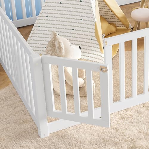 Image of Bellemave Queen Size Kids Montessori Floor Bed with Door,Solid Wood Floor Bed Frame with High Fence for Girls,Boys,White