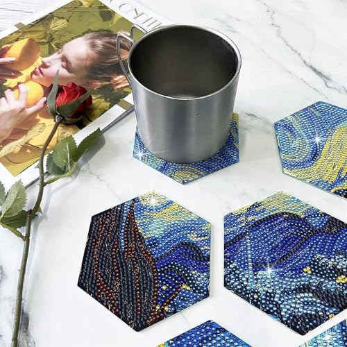 Image of 7 Piece Hexagon 5D Diamond Painting Coasters Set with Holder - DIY Puzzle Coasters Set Inspired by Van Gogh's Starry Night Mosaic Art Cup Mats for Table Decoration & Gift