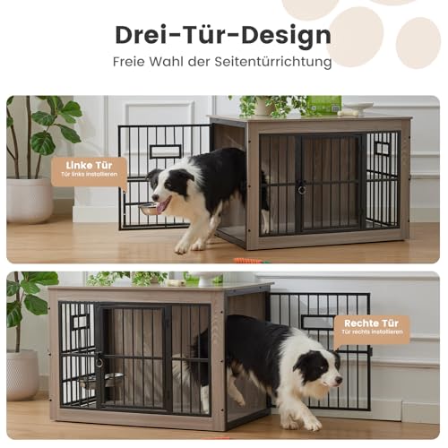 Gardner Pet Hundekäfig Möbel, 99cm Hundebox für Zuhause, Moderne Hundehütte Indoor mit 3 Türen und verstellbaren Näpfen, Hundehaus aus Metall und Holz für mittlere Hunde, 99x65x69 cm, Grau