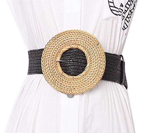 Women's Woven Straw Wide Belt Bohemia Beach Big Buckle Casual Elastic Waistband