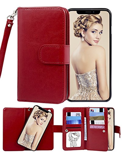 Crosspace iPhone xr Wallet Case,Premium Flip Leather Case Wallet 2-in-1 Detachable Protective Magnetic Kickstand Folding Purse with Card Slots and Wrist Strap Lanyard for iPhone xr 6.1 inch-Red