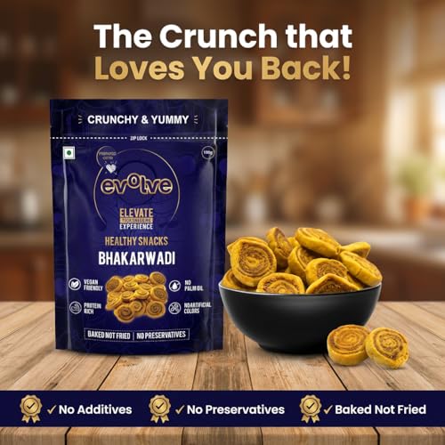 Image of Evolve Baked Bhakarwadi Healthy Snacks for Kids, Adults | Gluten Free, No Artificial Colors or Preservatives, Freshly Made, Ready to Eat, Crunchy Masala Flavor - 100g Pack of 10