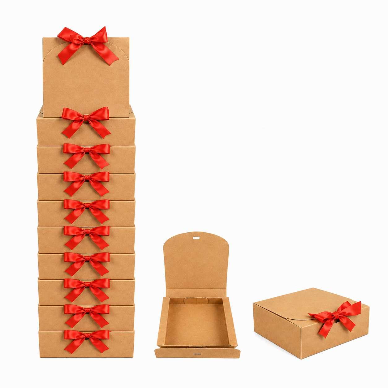Emartbuy Brown Kraft Gift Box with Red Ribbon – 24 x 24 x 5 cm – Fits Chocolates, Scarves & Stationery Sets – Birthdays Weddings Christmas Corporate Gifting Trade Wholesale – Pack of 12
