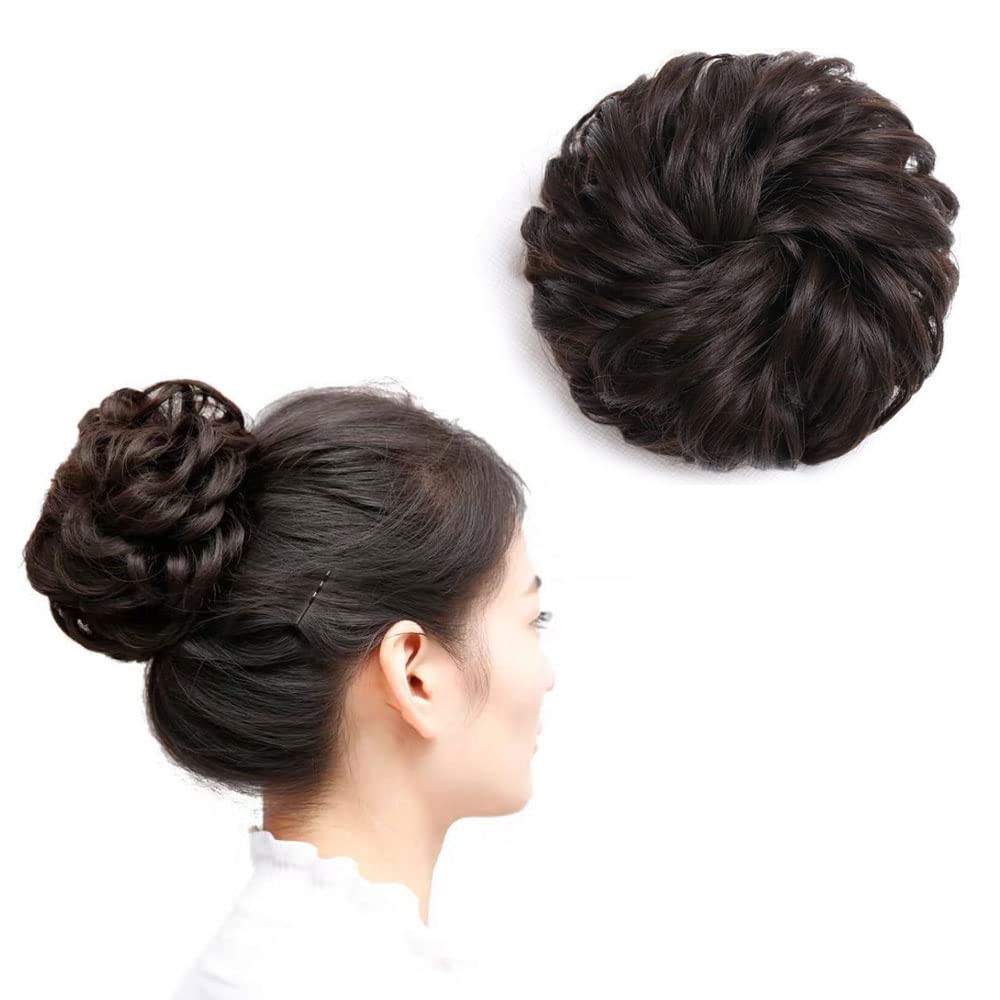 ORiTi Messy Hair Bun, Synthetic Hair Extensions Curly Wavy Ponytail Hairpieces Hair Scrunchies with Elastic Rubber Band for Women Girls Updo Donut Brown Black