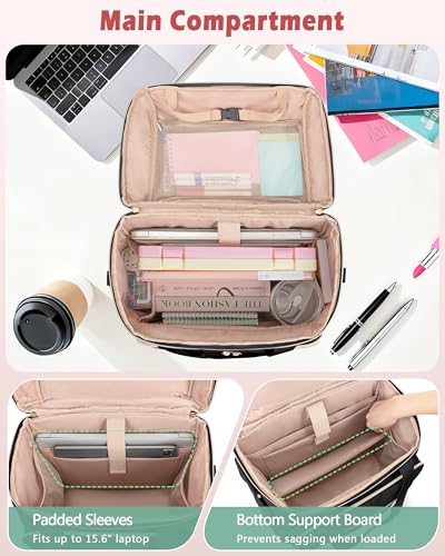 Rolling Teacher Bag with 15.6" Laptop Compartment & Accordion File Organizer, Wheeled Work Briefcase Tote with Detachable Trolley for Women, Black