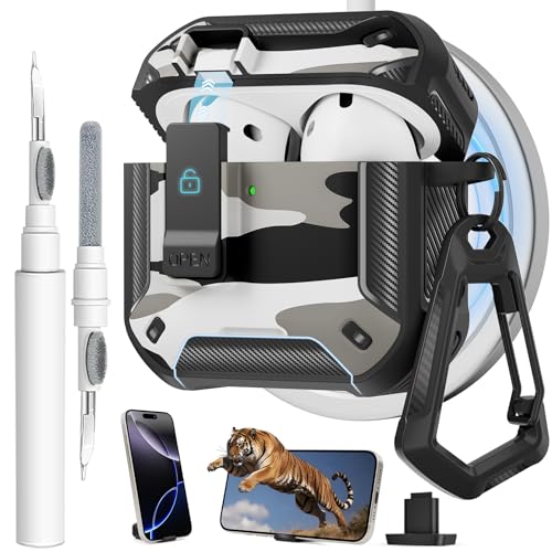 Image of for AirPods 4 Case with Magnetic Secure Lock Clip and Phone Stand, Compatible with Magsafe Charging, with Carabiner&Cleaner kit for Apple iPod 4th Generation Cover(2024) Men Women (Camouflage Gray)