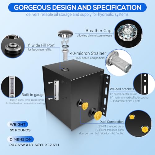 Image of 15-Gallon Hydraulic Fluid Reservoir Tank with Built-in Temp Gauge & Sight Gauge, Breather Strainer Fill Cap, Side Vertical Mount, 14 Gauge Steel, 20-1 /4 inch x 13-5 /8 inch x 17-1 /2 inch Size