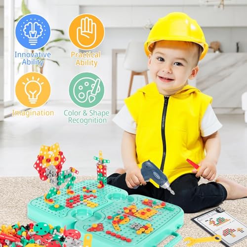 Image of Electric Drill Screw Tool Set Creative Mosaic Puzzle Toy, 224 Pcs 3D Creativity Educational Kit Construction Toy Birthday Gift for Ages 3 4 5 6 Years Boys Girls (Bus Shape Blue)