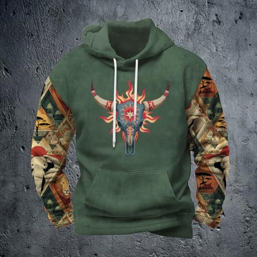 Aztec Sweatshirts for Men 2025 Fall Trendy Graphic Hoodies Patchwork Western Cowboy Sweatshirt with Kangaroo Pocket4