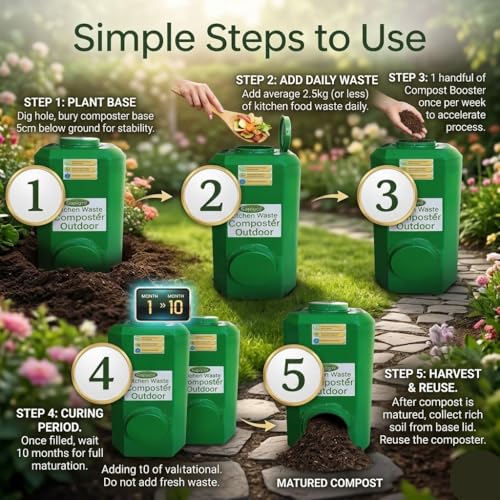 Image of Kitchen Waste Composter Bin 160 litres Outdoor | Large Compost Bin for Home | BSF Technology | Includes Compost Booster | Garden Waste Converter for 3-5 Member Families | Green