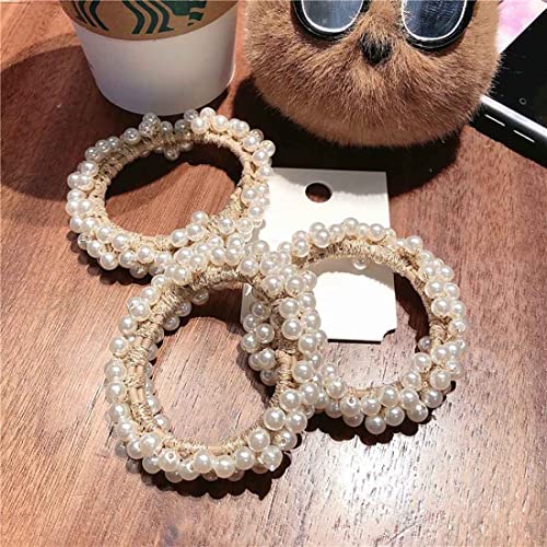 Prosy Pearl Hair Ties Champagne Elastic Hair Scrunchies Stretchy Hair Bands Bead Hair Ropes Hair Accessories for Women and Girls (Pack of 3) - Image 2