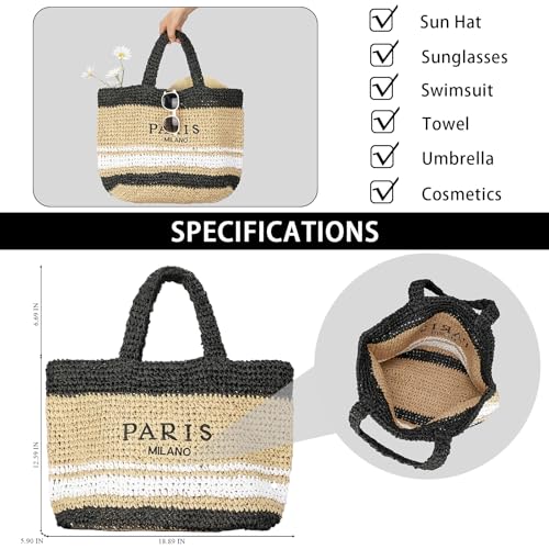Image of Large Straw Tote Bag Summer Straw Purse for Women Holiday Raffia Woven Beach Bag Handbag
