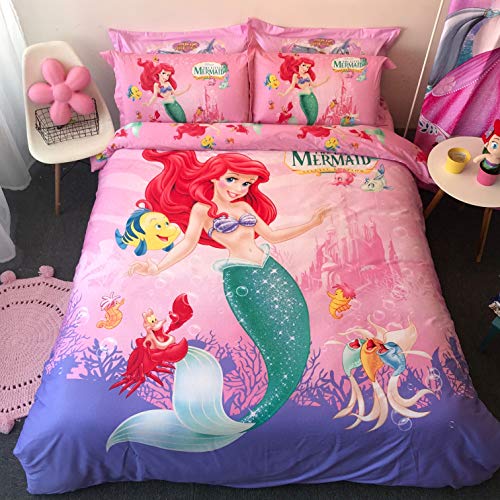 Casa 100% Cotton Kids Bedding Set Girls Mermaid Ariel Duvet Cover and Pillow Cases and Fitted Sheet,4 Pieces,Queen