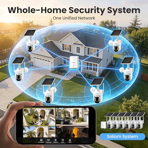 Image of SOLIOM Security Cameras Wireless Outdoor, 6-Camera Solar Security System, 5MP 3K Color Night Vision, Radar Motion Detection, 360 Auto Tracking, No Monthly Fees, 64GB Local Storage