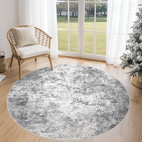 5ft Round Area Rug Living Room Rugs - 5x5 Washable Neutral Modern Abstract Soft Thin Rug Indoor Floor No Slip Rug Carpet for Bedroom Under Dining Table Home Office Decor - Grey