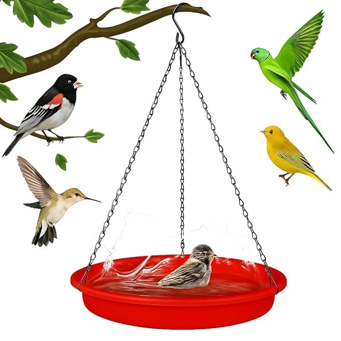 Image of Hanging Bird Feeder and Bird Bath (1, red) BIRDSHALA Hanging Bird Feeder for Water & Seed Bird Bath Trey for Hanging on Your Balcony