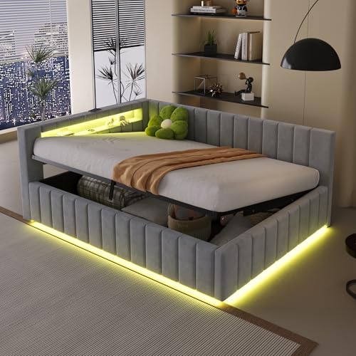 RIAZOS Polsterbett Schlafsofa 140x200, Doppelbett mit Hydraulischem Stauraum, mit LED-Licht und USB-Ladefunktion, Tagesbett Jugendbett mit Lattenrost,...
