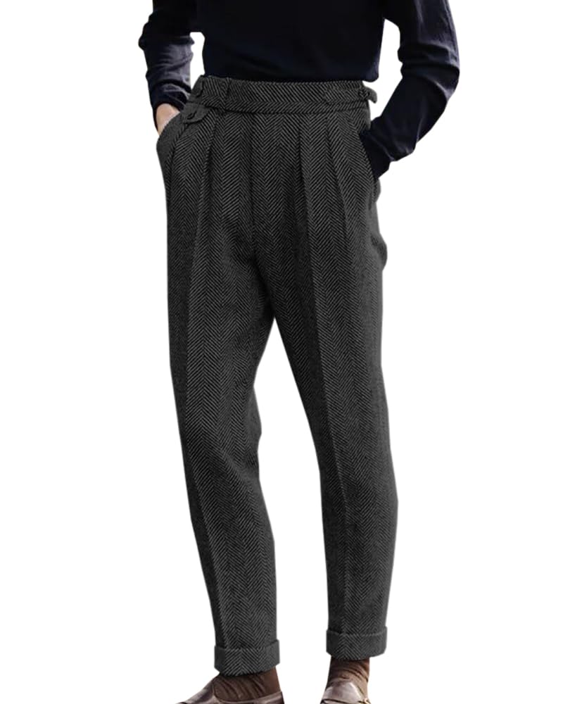 Mens High Waisted Tweed Dress Pants Pleated Front Vintage Wool Trousers