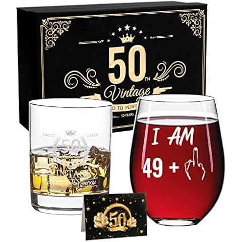 PUGED 50th Birthday Gift Set for Men or Women with Gift Package Vintage 12 oz Whiskey Glass and 49 + One Middle Finger 18 oz Stemless Wine Glass Cover